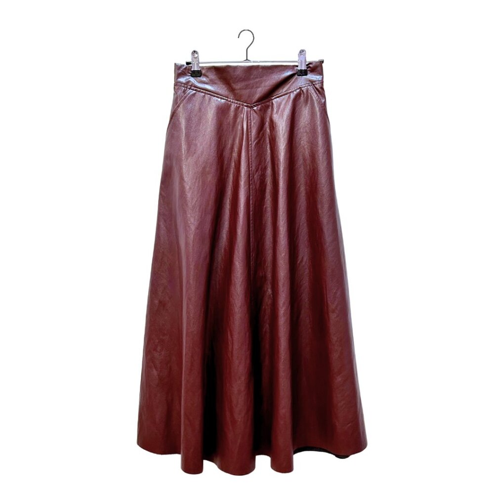 MIGNON DOO Burgundy Vegan Leather A-Line Midi Skirt Size S  New Without Tags